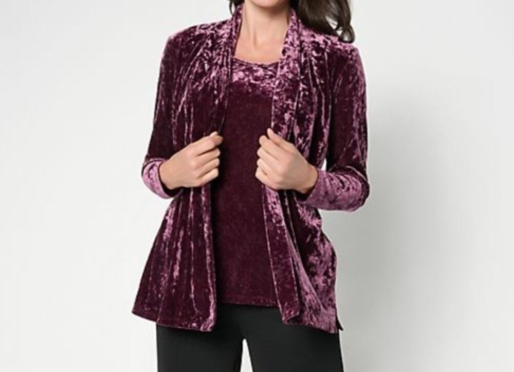 Denim & Co XXS Deep Burgundy Crushed Velvet Cardigan & Tank 2Fer A710047 NWOT